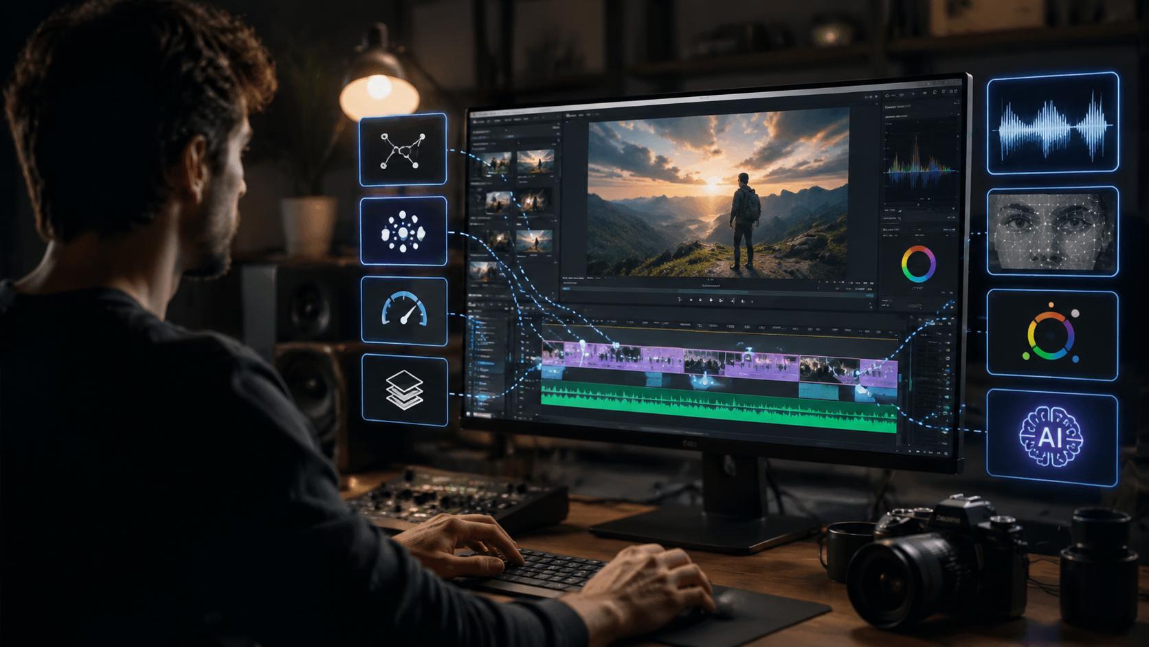 Video editor working with AI-assisted editing tool overlays