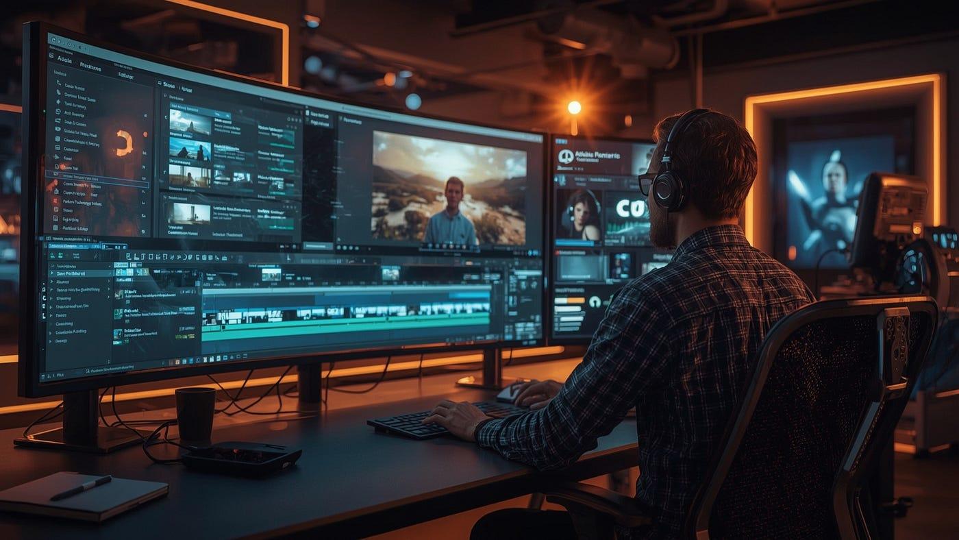 Editor working on a long-form video in a professional editing suite