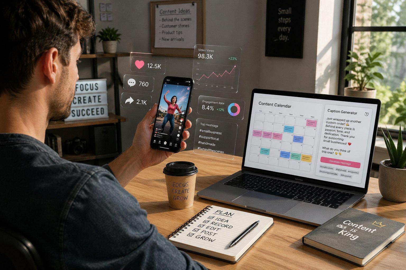 Content creator reviewing social media analytics and a content calendar